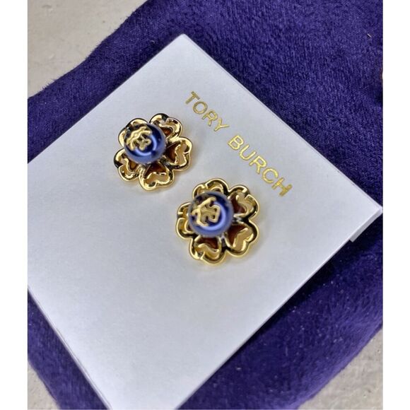 Tory Burch NEW 16k-gold plate blue faux pearl Katie Stud Earrings - Picture 7 of 13